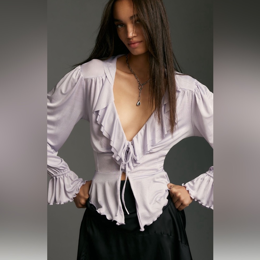 ✨ Anthropologie Long-Sleeve Ruffled Tie-Front Top Sz XL